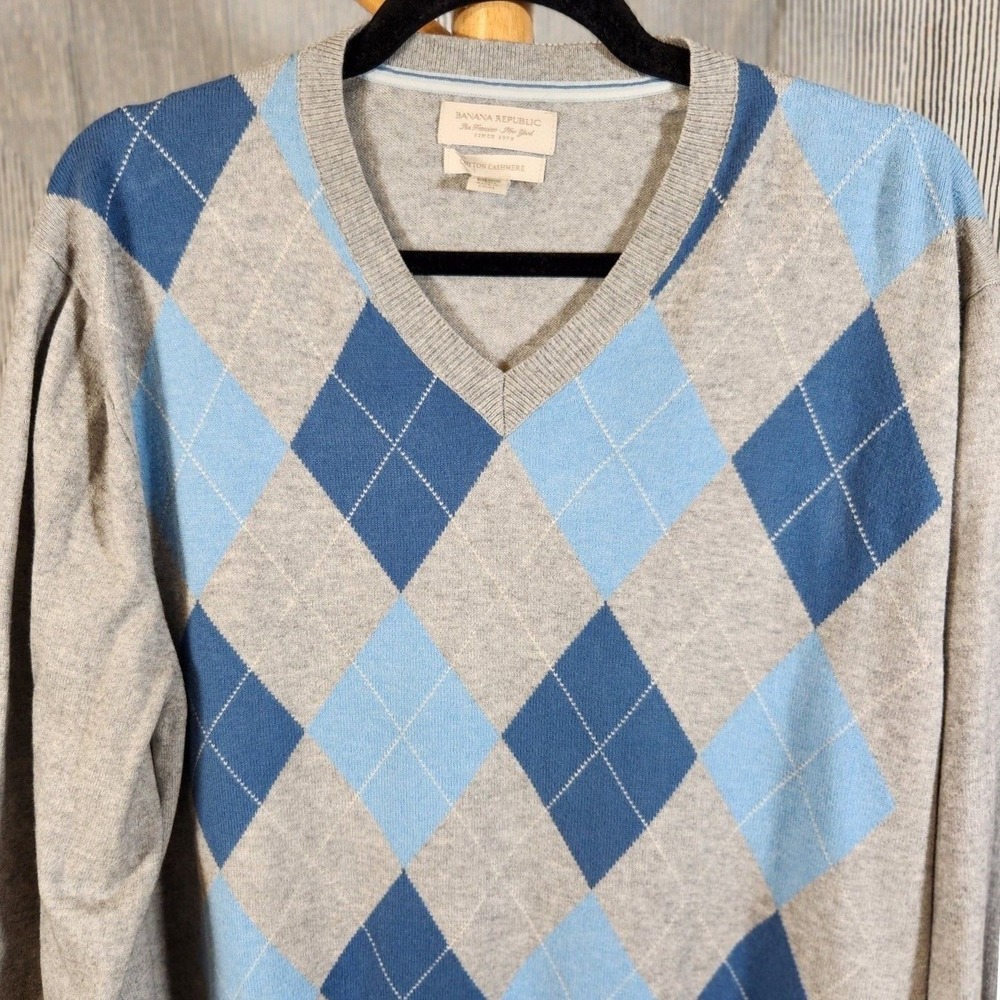 Banana Republic XL $120 Gray Blue Argyle Cotton Cashmere V-Neck Pullover Sweater
